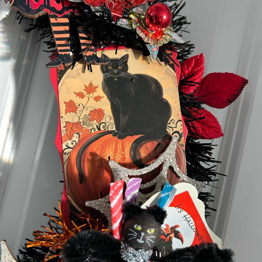 Vintage Repurposed Halloween Festive Holiday Wreath - Picture 4 of 12